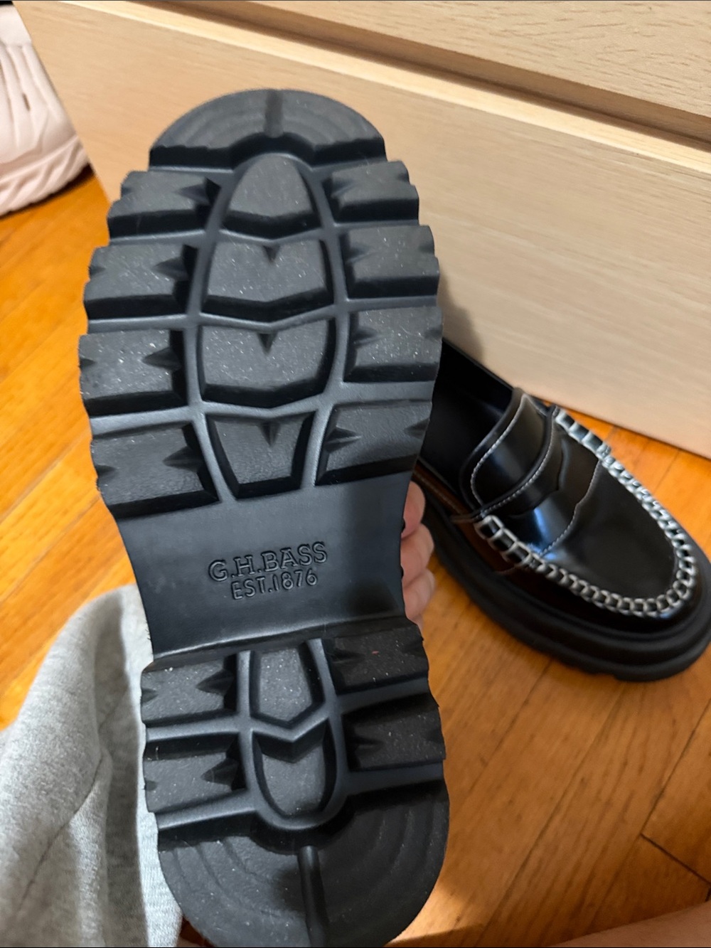 G.H. Bass & Co. Black Leather Penny Loafers with Silver Chain Trim - Picture 4 of 5